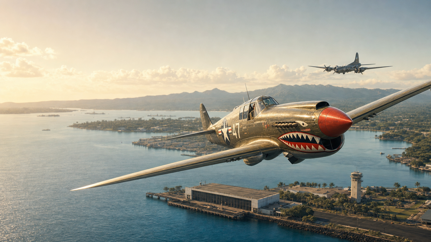 Historic P-40 Warhawk flying above Pearl Harbor