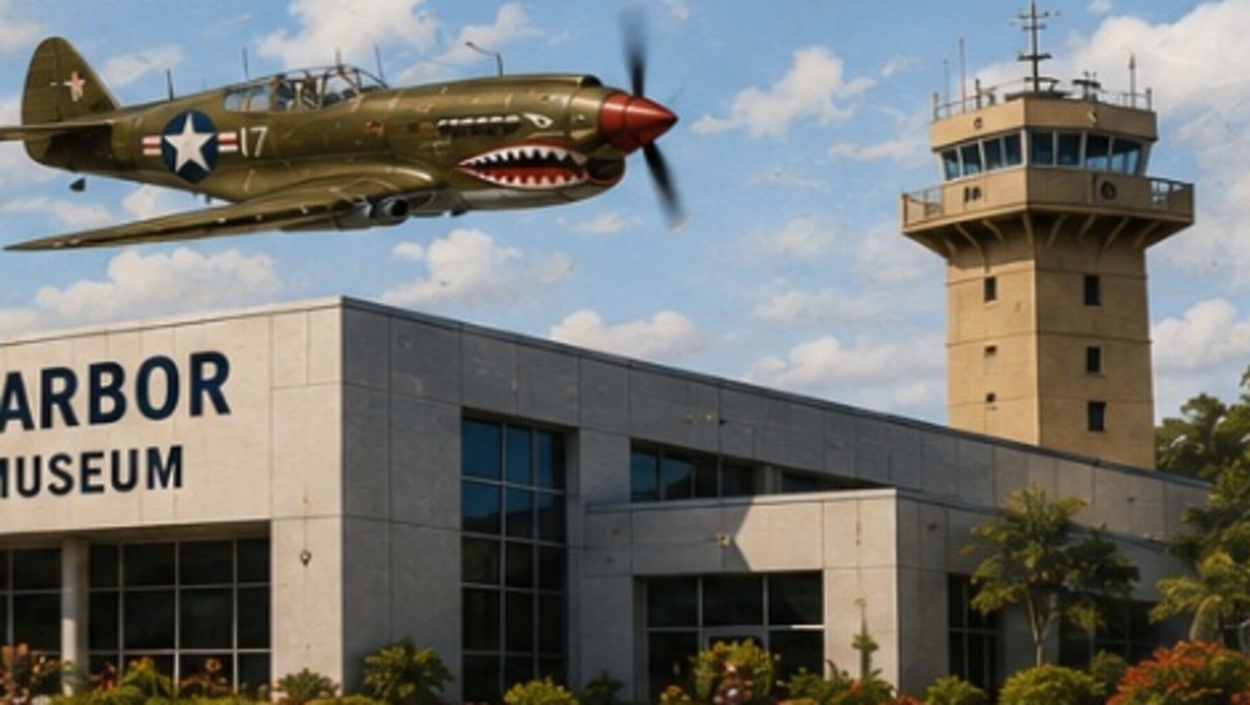 Pearl Harbor Aviation Museum with a historic aircraft overhead